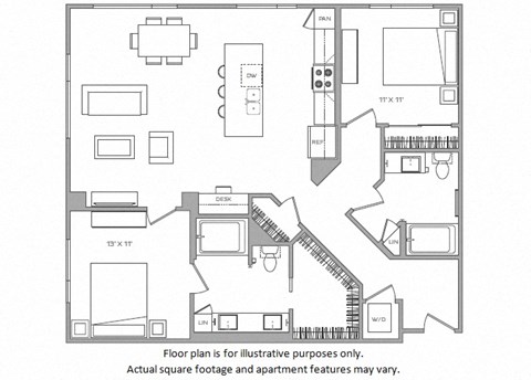 Floor plan for 2 beds, 2 baths, 1211 sqft